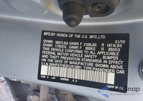 2019 Honda Civic Ex z USA, uszkodzony, nr VIN SHHFK7H63KU412891